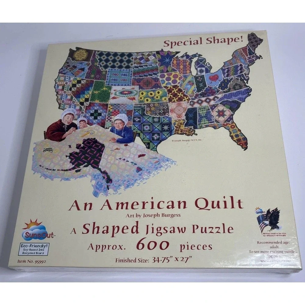 An American Quilt Jigsaw Puzzle USA Map‎ Shaped Sunsout 600 Pieces New & Sealed